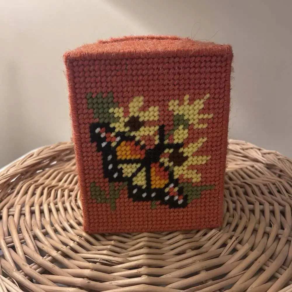 Vintage Handmade Tissue Box Cover 1980s Butterfly Orange Needlepoint Yarn